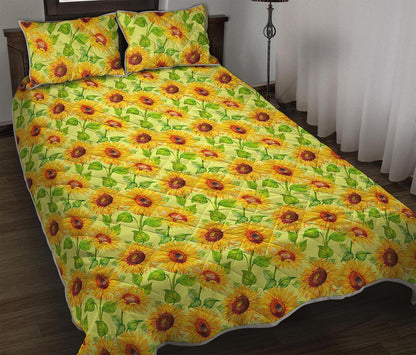 Beige Watercolor Sunflower Pattern Print Quilt Bed Set