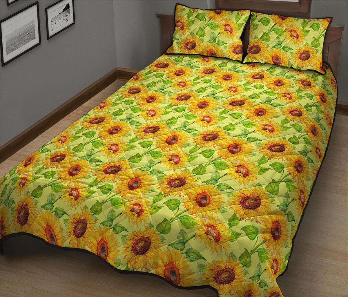 Beige Watercolor Sunflower Pattern Print Quilt Bed Set