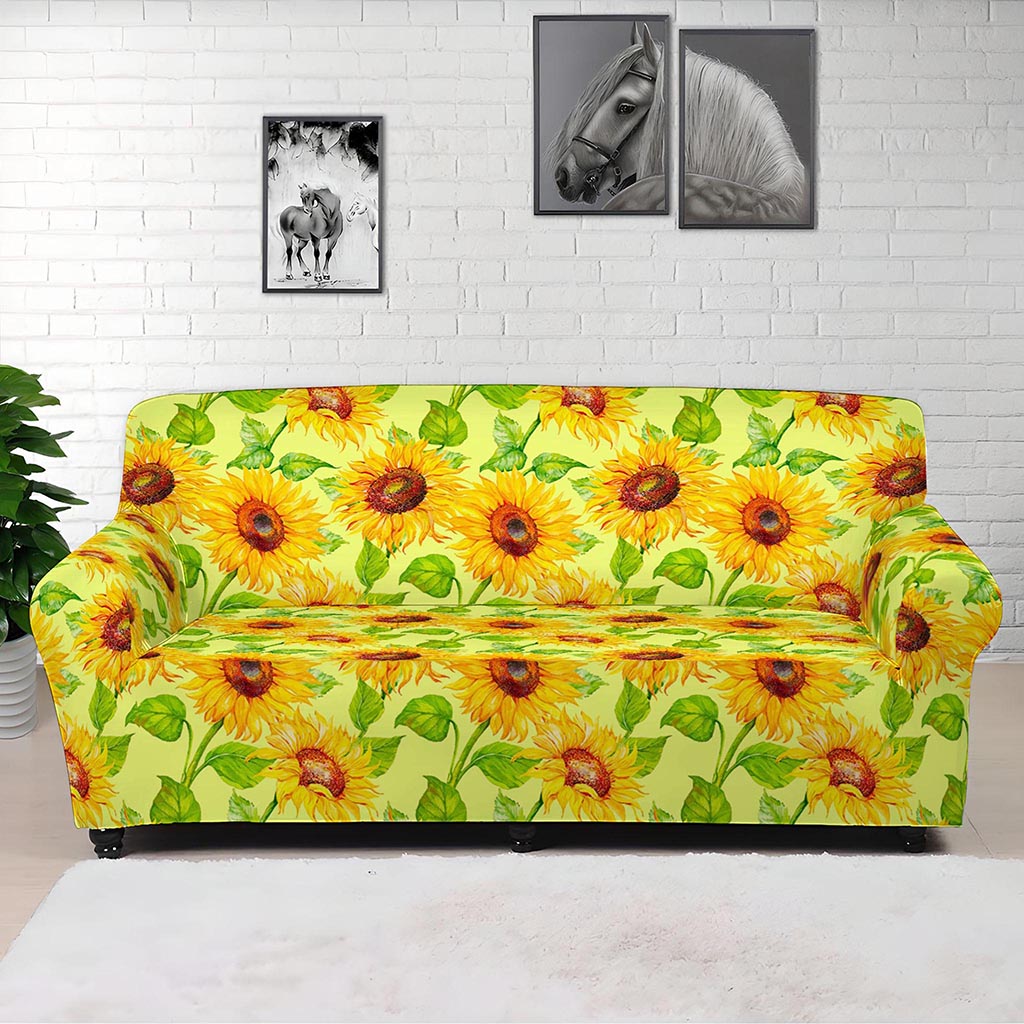 Beige Watercolor Sunflower Pattern Print Sofa Cover