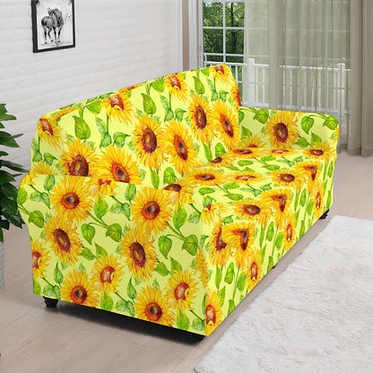 Beige Watercolor Sunflower Pattern Print Sofa Cover