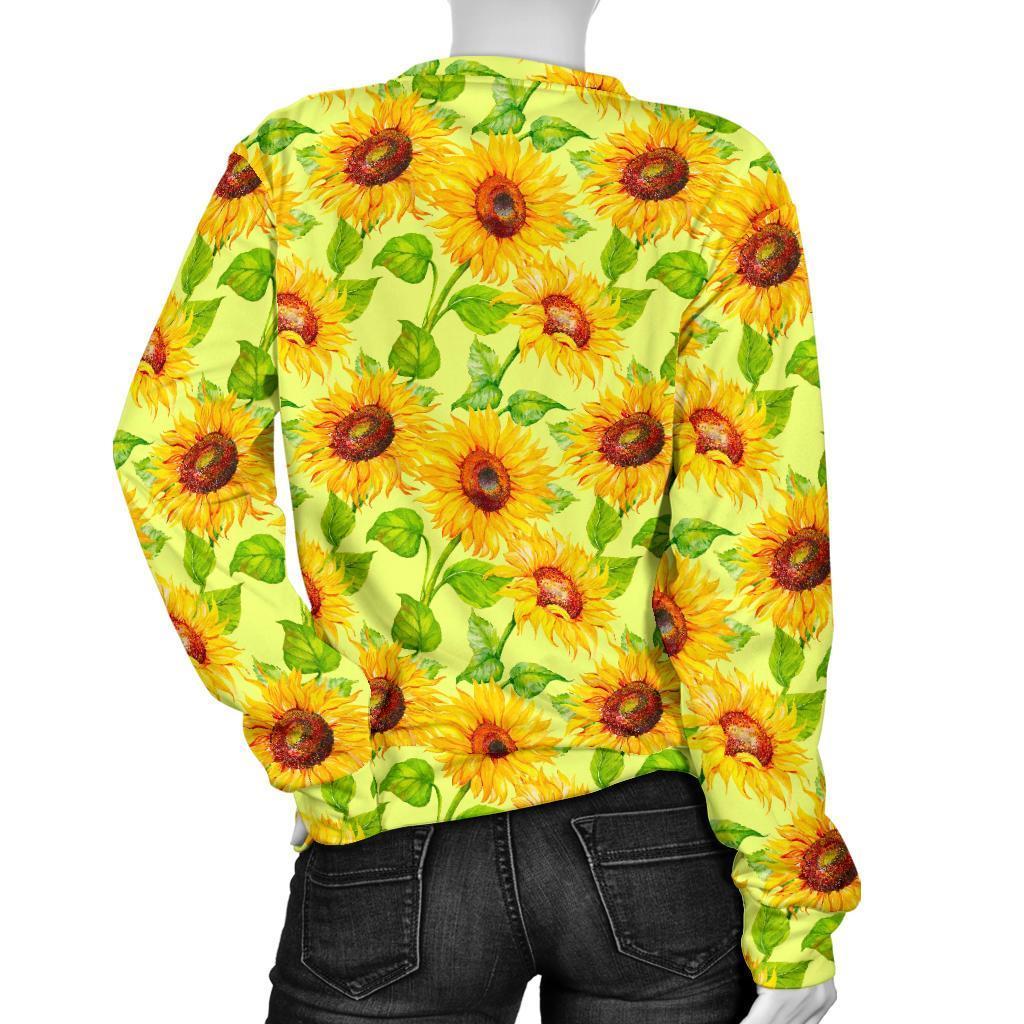 Beige Watercolor Sunflower Pattern Print Women's Crewneck Sweatshirt GearFrost