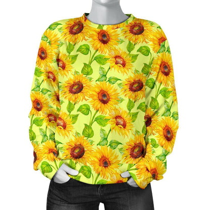 Beige Watercolor Sunflower Pattern Print Women's Crewneck Sweatshirt GearFrost