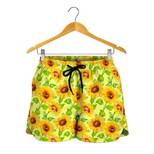 Beige Watercolor Sunflower Pattern Print Women's Shorts