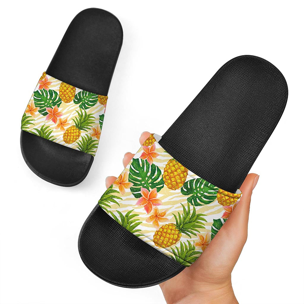 Beige Zebra Pineapple Pattern Print Black Slide Sandals