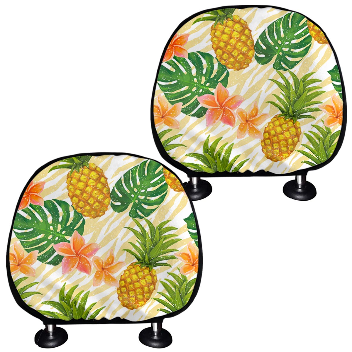 Beige Zebra Pineapple Pattern Print Car Headrest Covers