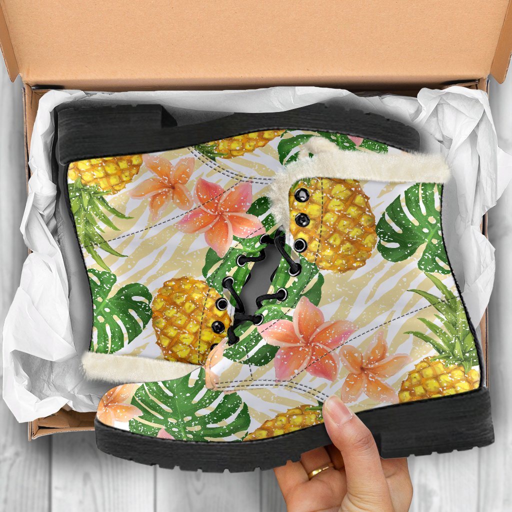 Beige Zebra Pineapple Pattern Print Comfy Boots GearFrost