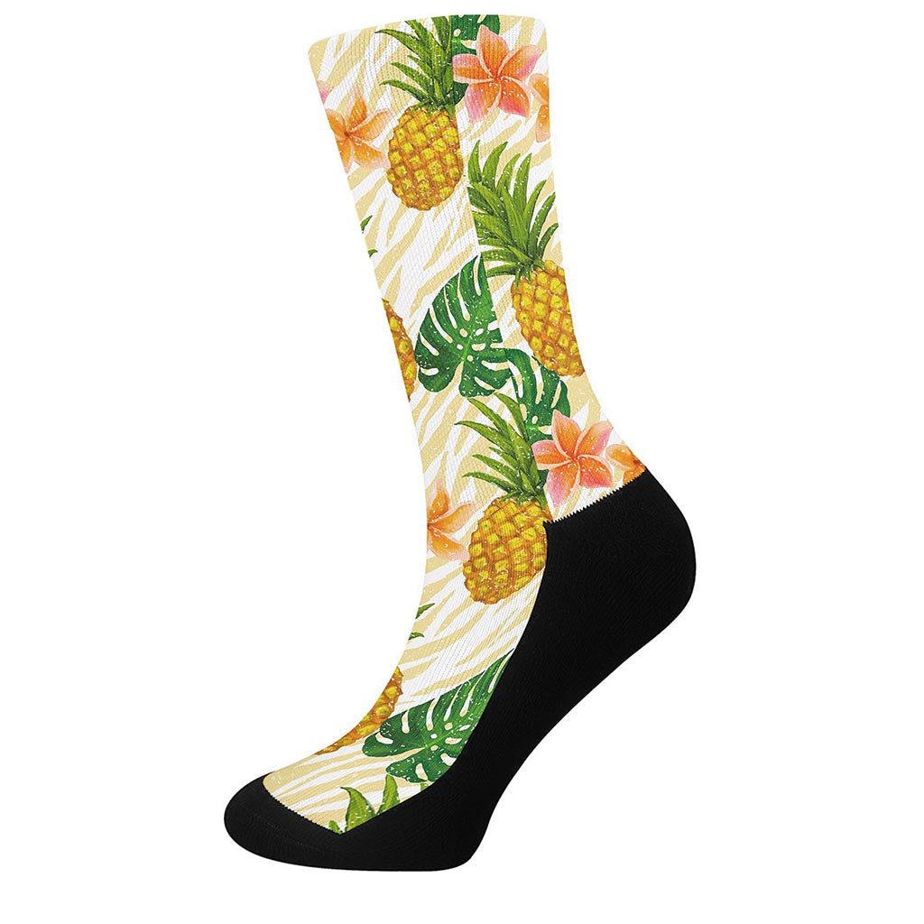 Beige Zebra Pineapple Pattern Print Crew Socks