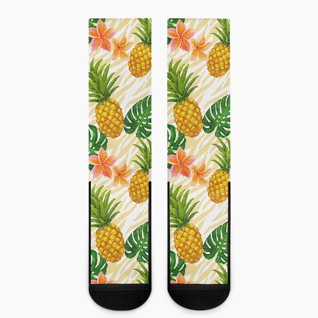 Beige Zebra Pineapple Pattern Print Crew Socks