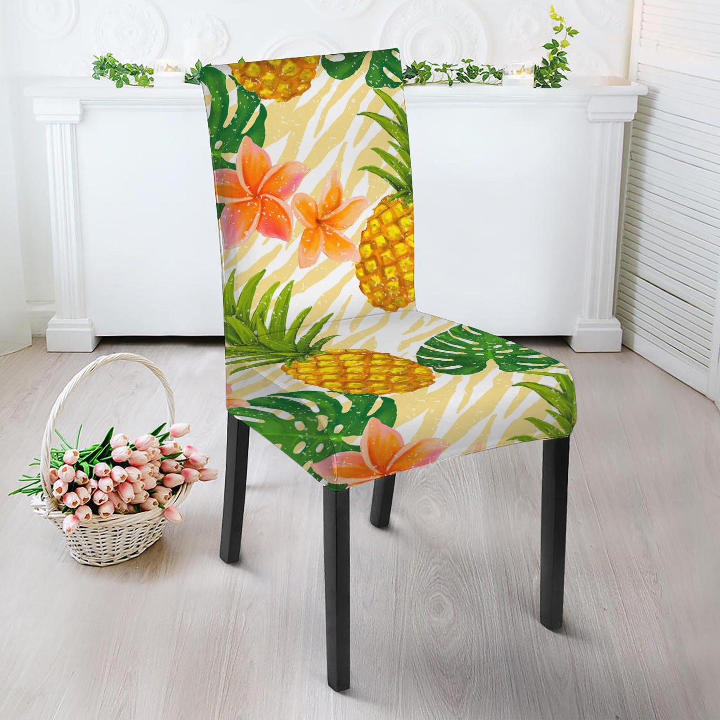 Beige Zebra Pineapple Pattern Print Dining Chair Slipcover