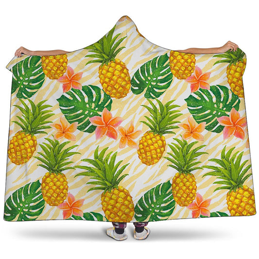Beige Zebra Pineapple Pattern Print Hooded Blanket