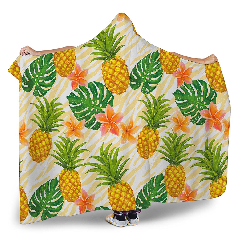 Beige Zebra Pineapple Pattern Print Hooded Blanket