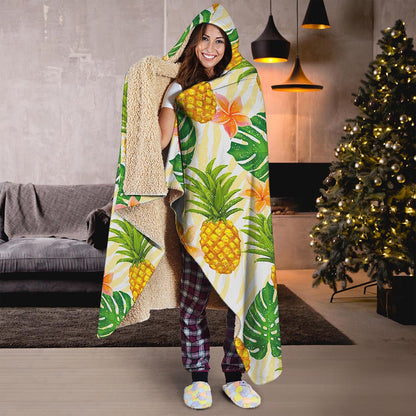 Beige Zebra Pineapple Pattern Print Hooded Blanket