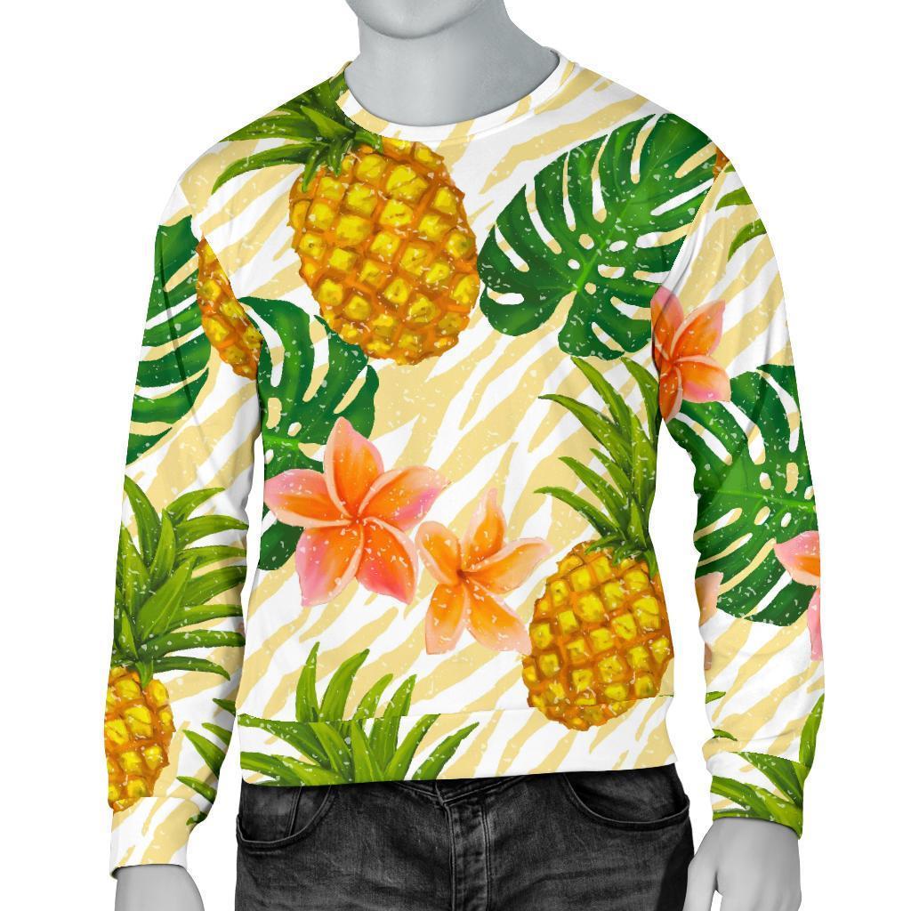 Beige Zebra Pineapple Pattern Print Men's Crewneck Sweatshirt GearFrost