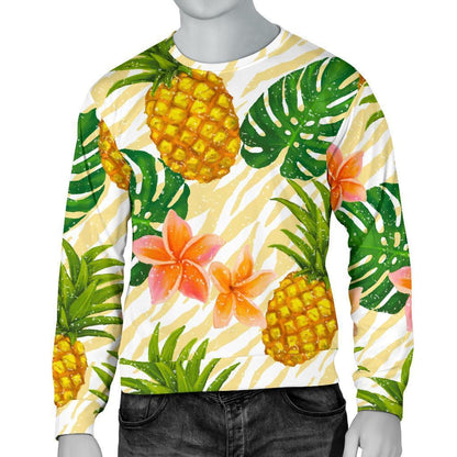 Beige Zebra Pineapple Pattern Print Men's Crewneck Sweatshirt GearFrost