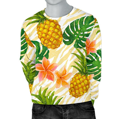 Beige Zebra Pineapple Pattern Print Men's Crewneck Sweatshirt GearFrost