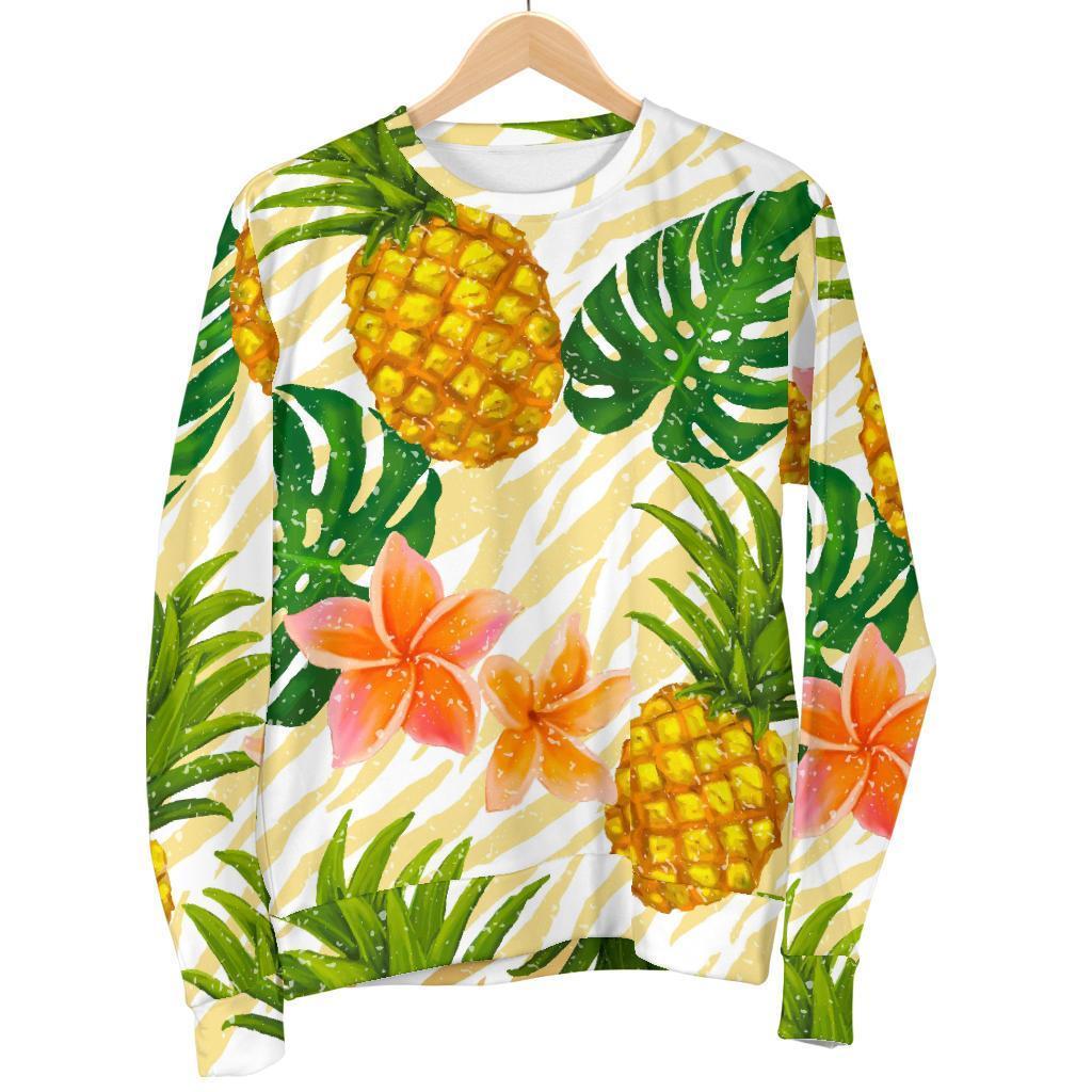 Beige Zebra Pineapple Pattern Print Men's Crewneck Sweatshirt GearFrost