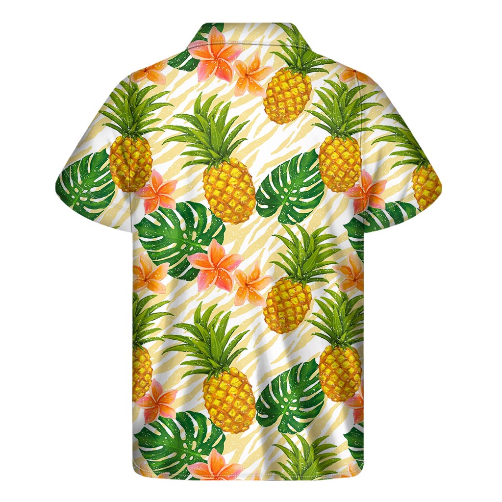 Beige Zebra Pineapple Pattern Print Men's Short Sleeve Shirt