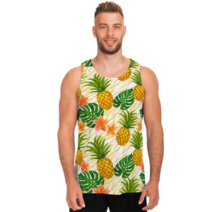 Beige Zebra Pineapple Pattern Print Men's Tank Top