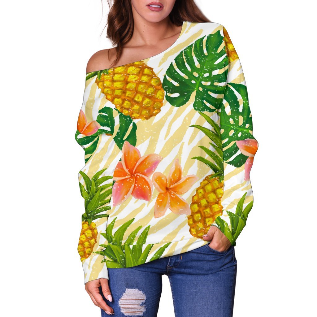 Beige Zebra Pineapple Pattern Print Off Shoulder Sweatshirt GearFrost