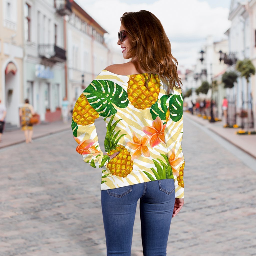 Beige Zebra Pineapple Pattern Print Off Shoulder Sweatshirt GearFrost