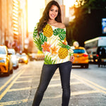 Beige Zebra Pineapple Pattern Print Off Shoulder Sweatshirt GearFrost