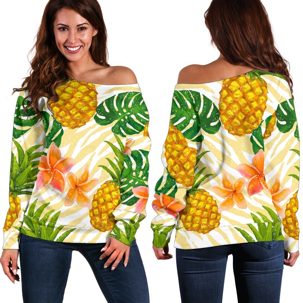 Beige Zebra Pineapple Pattern Print Off Shoulder Sweatshirt GearFrost