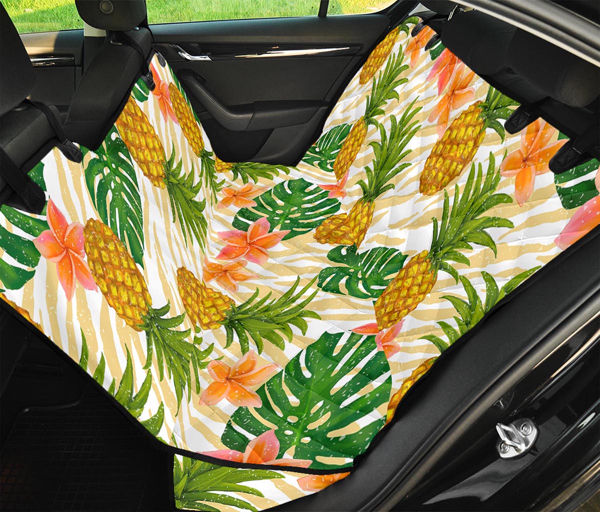 Beige Zebra Pineapple Pattern Print Pet Car Back Seat Cover