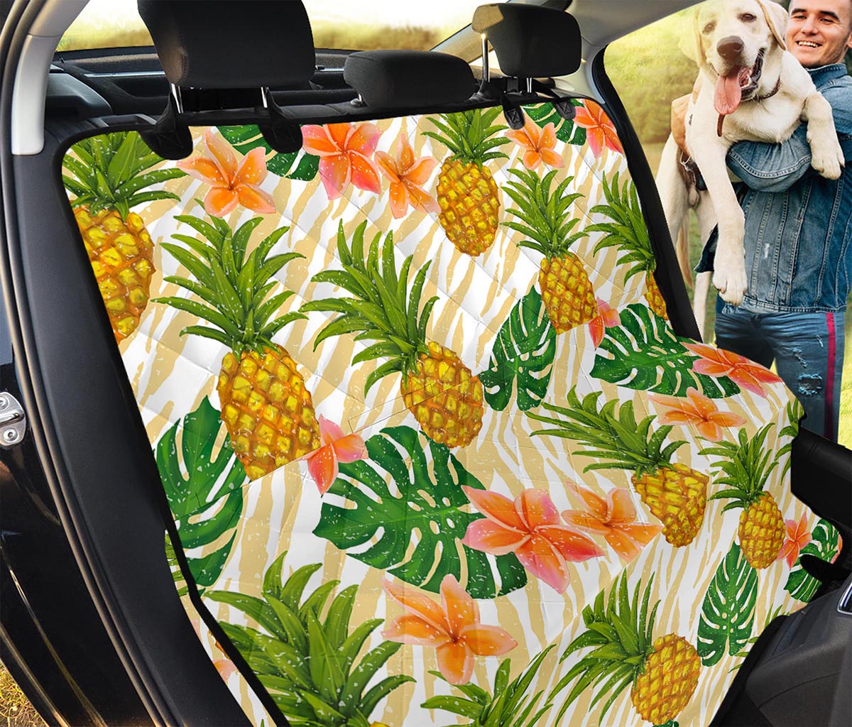 Beige Zebra Pineapple Pattern Print Pet Car Back Seat Cover