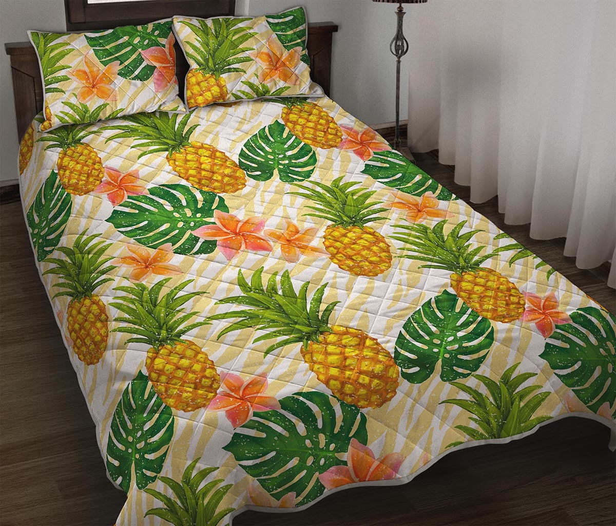 Beige Zebra Pineapple Pattern Print Quilt Bed Set