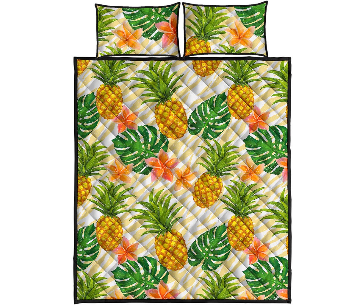 Beige Zebra Pineapple Pattern Print Quilt Bed Set