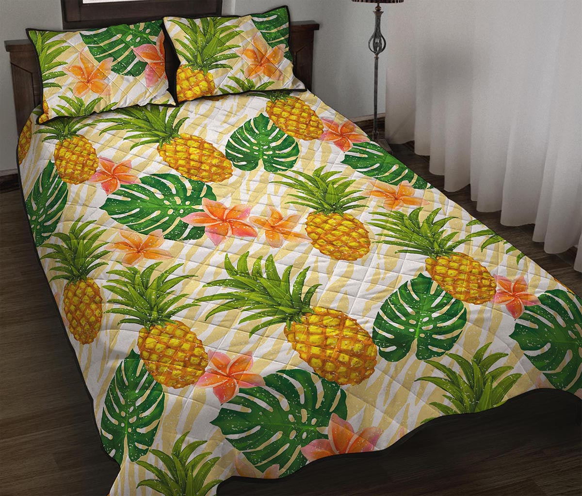 Beige Zebra Pineapple Pattern Print Quilt Bed Set