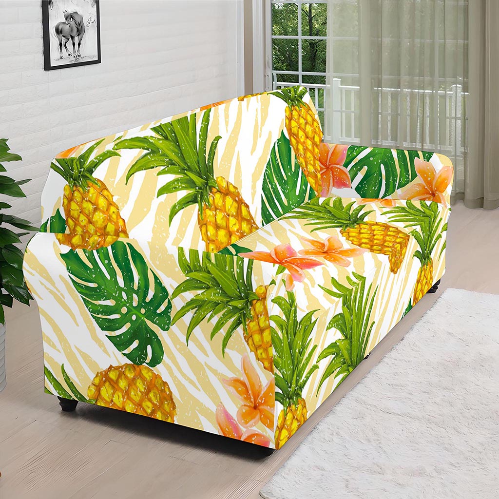 Beige Zebra Pineapple Pattern Print Sofa Cover