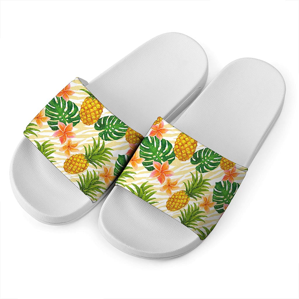 Beige Zebra Pineapple Pattern Print White Slide Sandals