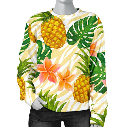 Beige Zebra Pineapple Pattern Print Women's Crewneck Sweatshirt GearFrost
