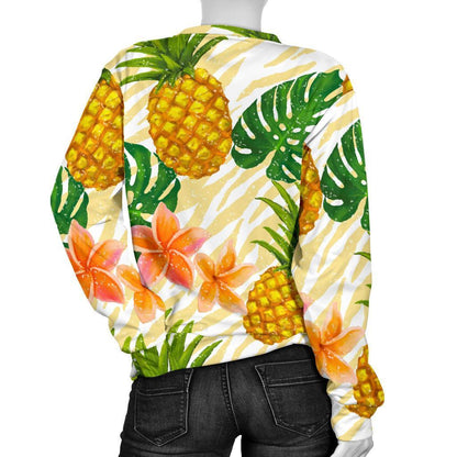 Beige Zebra Pineapple Pattern Print Women's Crewneck Sweatshirt GearFrost