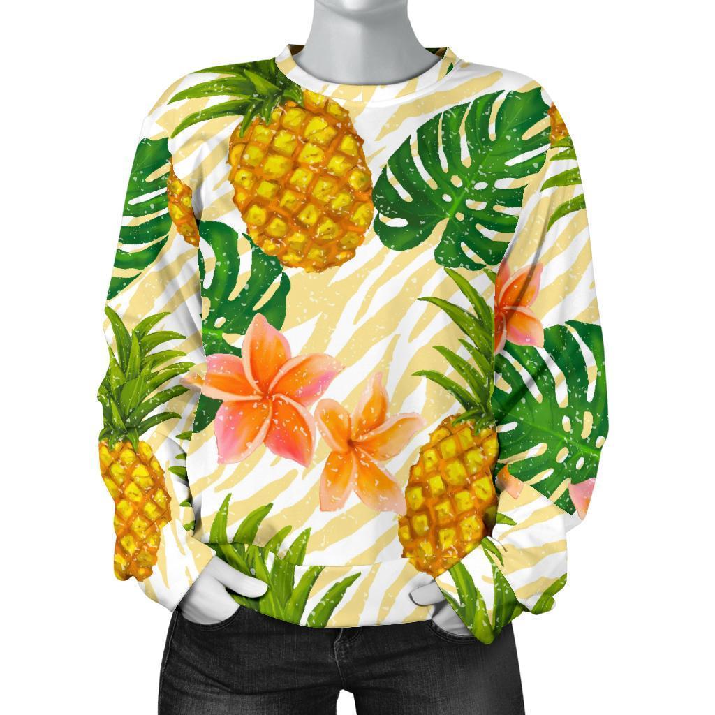 Beige Zebra Pineapple Pattern Print Women's Crewneck Sweatshirt GearFrost