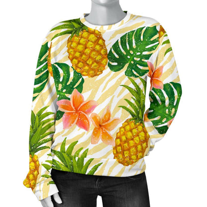 Beige Zebra Pineapple Pattern Print Women's Crewneck Sweatshirt GearFrost