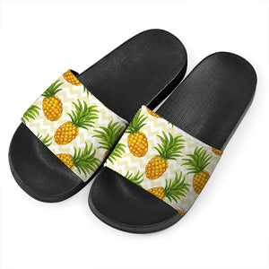 Beige Zig Zag Pineapple Pattern Print Black Slide Sandals