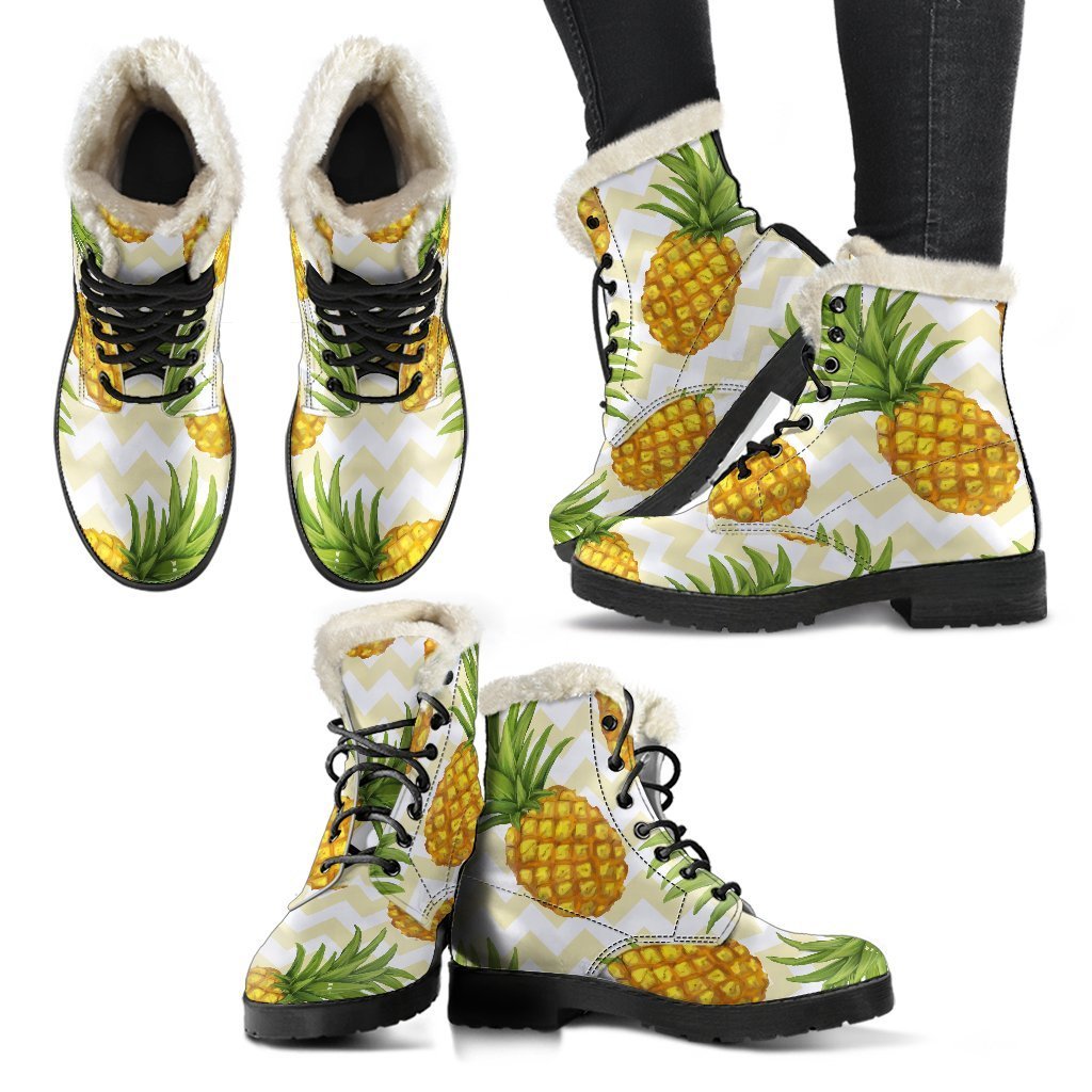 Beige Zig Zag Pineapple Pattern Print Comfy Boots GearFrost