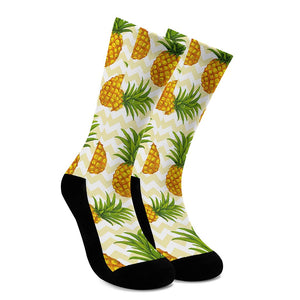 Beige Zig Zag Pineapple Pattern Print Crew Socks