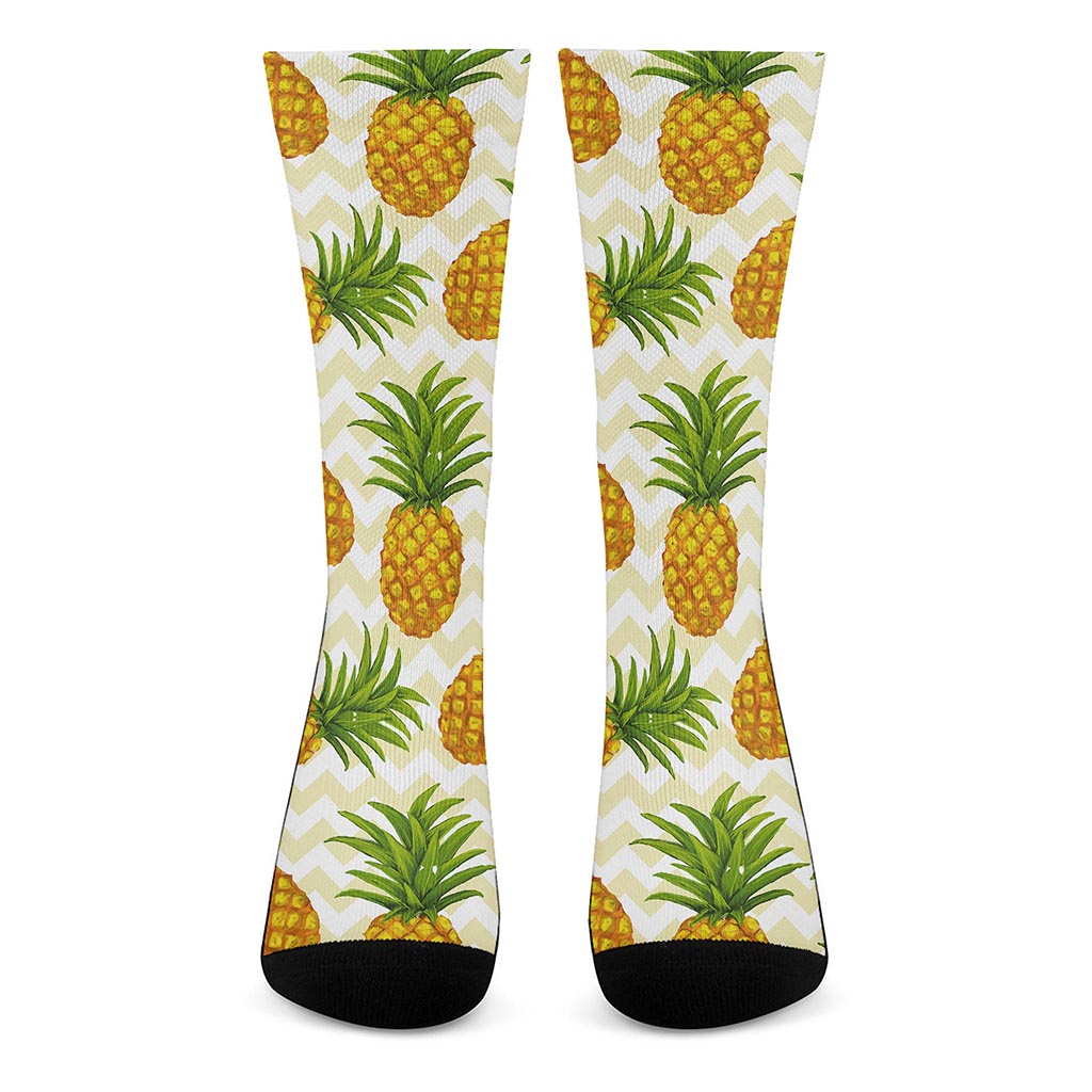 Beige Zig Zag Pineapple Pattern Print Crew Socks