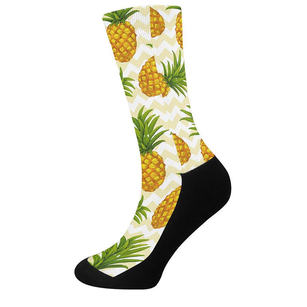 Beige Zig Zag Pineapple Pattern Print Crew Socks