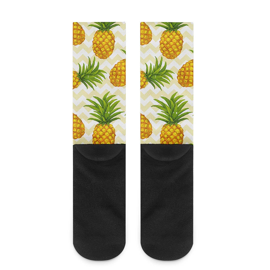 Beige Zig Zag Pineapple Pattern Print Crew Socks