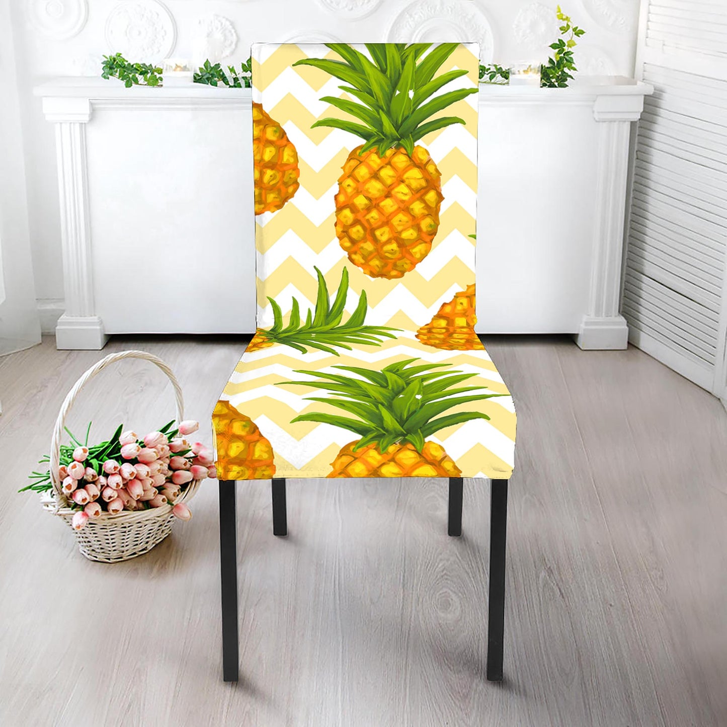 Beige Zig Zag Pineapple Pattern Print Dining Chair Slipcover