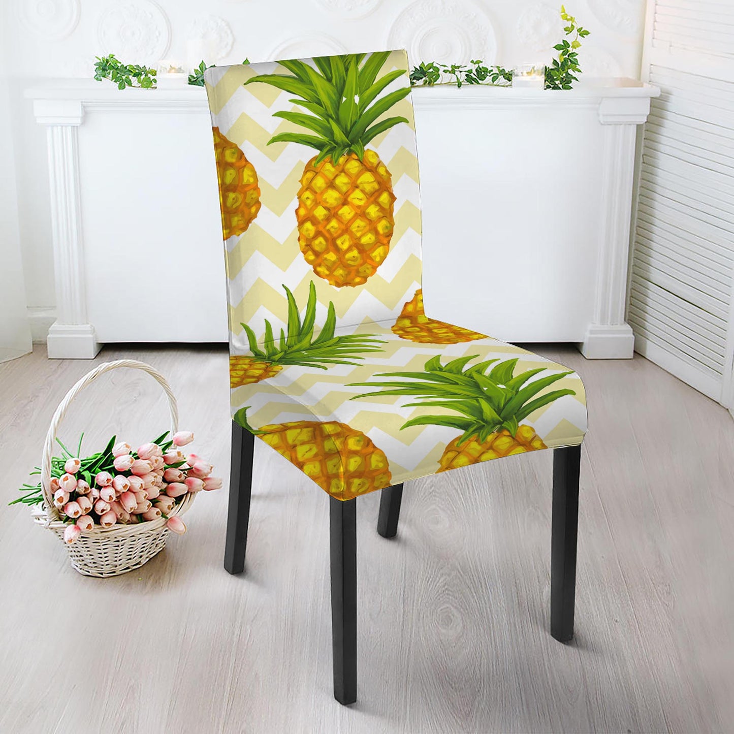 Beige Zig Zag Pineapple Pattern Print Dining Chair Slipcover