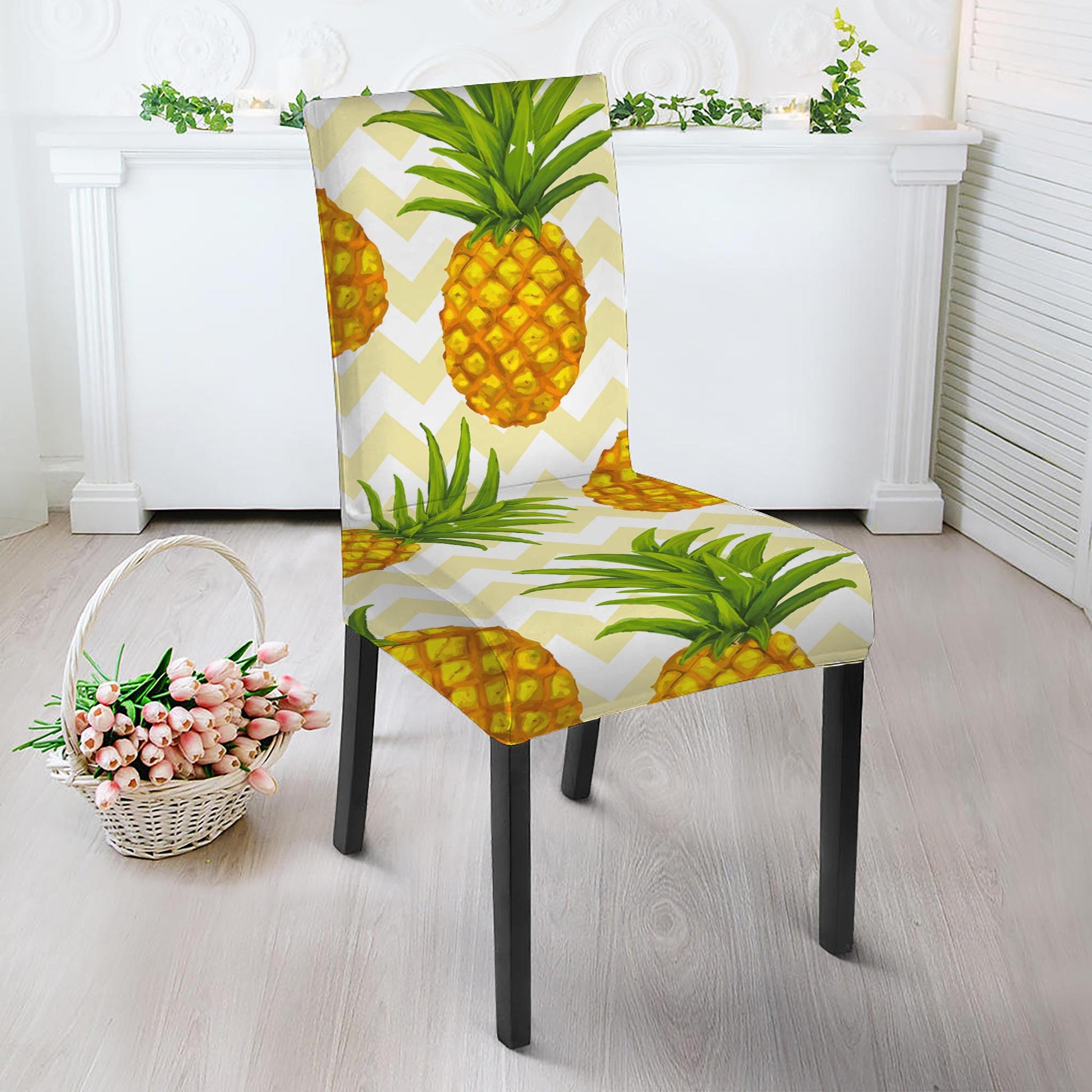 Beige Zig Zag Pineapple Pattern Print Dining Chair Slipcover