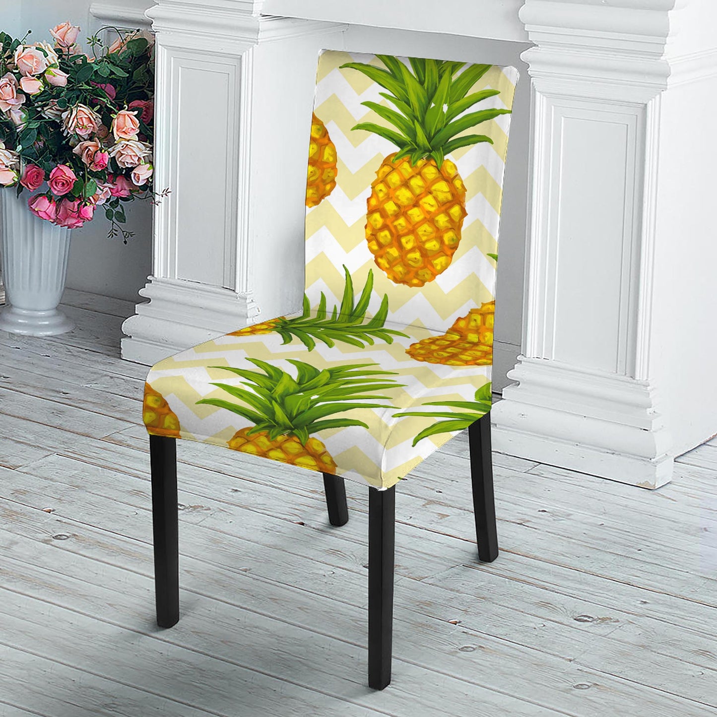 Beige Zig Zag Pineapple Pattern Print Dining Chair Slipcover