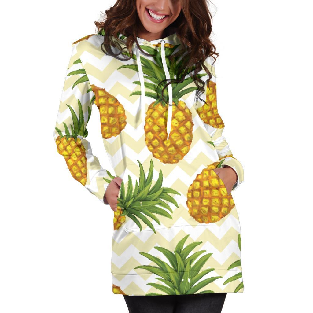 Beige Zig Zag Pineapple Pattern Print Hoodie Dress GearFrost