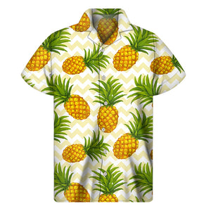 Beige Zig Zag Pineapple Pattern Print Men's Short Sleeve Shirt