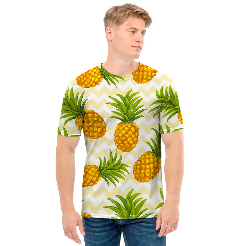 Beige Zig Zag Pineapple Pattern Print Men's T-Shirt
